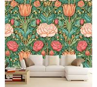 Verde Oliva Papel pintado mural, Belleza Flores Tulipanes Rosas Mural decorativo de pared con impresión artística no tejida, para sala de estar cocina comedor dormitorio 250 x 175 cm