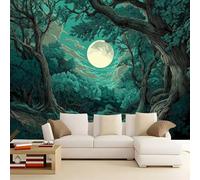 Verde Oliva Papel pintado mural, Misterio Bosque Camino Luna Mural decorativo de pared con impresión artística no tejida, para sala de estar cocina comedor dormitorio 200 x 140 cm