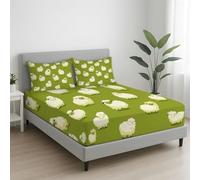 Verde Oliva Sabanas Ajustable De Lujo, Microfibra Transpirable Sabana 135 x 200 cm Sabanas Ajustable con Estampado de Dibujos Animados Oveja Bonito Cuento De Hadas Fundas de Almohada 2 x 80 x 80