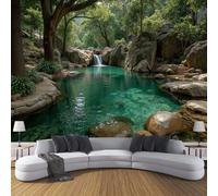 Verde Oscuro Papel Pintado Seda Fotográfico 150x105cm, Mural De Pared Panorámico Bosque De Cascadas, Paisaje Natural Póster Grande Para Salón Decor Del Hogar Y Pared