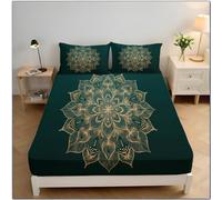 Verde Oscuro Sábana Bajera Ajustable Colchones,Suave Cómoda Transpirable Tela - Formas Geométricas - Elástico en el Borde Bolsillo Profundo 30cm (135x190cm,Arte Lineal De Mandalas)
