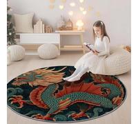 Verde Oscuro Tappeto Rotondo in flanella, Estilo Chino Fantasía Dragón Stampa Morbida Tappeto Rotondo di Protezione - 120 cm Antiscivolo Lavabile Tappeti per soggiorno ufficio cucina