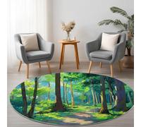 Verde Redonda Alfombras Salón 60 cm, Camino Forestal En Estilo De Dibujos Animados Alfombra Redonda Pelo Corto Moqueta Sala Alfombrilla Grande Salon Antideslizante para Habitacion Comedor Dormitorio
