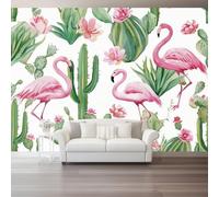 Verde rosa Papel pintado - Acuarela Cactus Flamenco Mural de pared - Murales de pared para oficina, sala de estar dormitorio sofá fondo de TV, póster mural grande - 250 x 175 cm