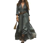 Verde,S,Vestido Camisero Maxi A Cuadros para Mujer, Vestido Largo Estilo Western Vintage De Los Años 70, De Manga Larga, con Escote En V, Vestido Informal De Otoño con Empalmes