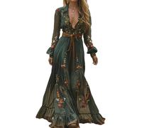 Verde,S,Vestido Largo con Flores Estilo Pastoral Vintage para Mujer, Vestido Vaquero Sexy De Manga Larga con Cuello En V, Vestido Largo Informal De Otoño
