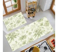 Verde Salvia Juego de 2 Tapetes de Cocina, Flores Verdes Alfombrillas Estilo Pastoral Retro, Tapetes Antideslizantes Lavables de Goma, Accesorios Decorativos de Cocina - 45x75+45x150cm