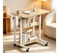Verdego Mesa Auxiliar con Ruedas, 2 estantes, 40x60 x63-90cm, Color Madera | Escritorio de altura ajustable, ahorra espacio, mesa para PC, pequeña mesa de ordenador portátil para oficina en casa, sofá