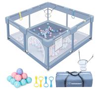Verdego Parque infantil de 130 x 130 x 66 cm, plegable, con anillas para tracción, pelotas, malla transpirable 210D, color gris claro
