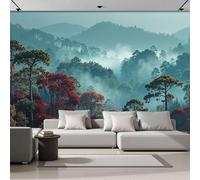 Verdor Papel Pintado Seda Fotográfico 300x210cm, Mural De Pared Panorámico Amanecer En El Bosque Con Niebla Matutina, Paisaje Natural Retro Póster Grande Para Salón Decor Del Hogar Y Pared