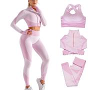 Veriliss 3 Piezas Mujer Yoga Traje Entrenamiento para, Gym Mallas de Yoga Sin Costuras y Sujetador Deportivo Elástico Ropa de Gimnasio(Rosado Morado,M)