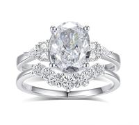 Verlobungsring Frau, Pinky Ring Damen 2 Ringe mit 7X9mm Ovalem Moissanit Silber Platin Größe 47 (15.0)