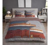 Vermellón Funda Nordica Con Estampado de Tradicional Arquitectura Antigua Gato Nieve - Suave y Transpirable Cierre De Cremallera - Funda Nordica 180 x 220 cama 105|120 + Funda de Almohada 1 x 50 x 70