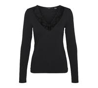 VERO MODA Blusa Ajustada para Mujer Cuello en V y Detalles de Encaje básicos de Manga Larga, Color:Negro, Talla:S