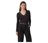 VERO MODA Blusa Ajustada para Mujer Cuello en V y Detalles de Encaje básicos de Manga Larga, Color:Negro, Talla:L