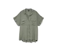 VERO MODA Camisa de Manga Corta a Rayas para Mujer con Bolsillos en el Pecho y Solapa de Botones, Verde, S