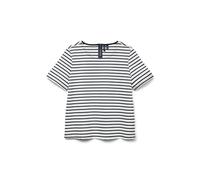 VERO MODA Camiseta de Cuello Redondo para Mujer, diseño de Rayas, con Cremallera, Blanca Nieve/Rayas: Azul Marino Blazer, L