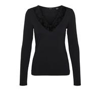 VERO MODA Blusa Ajustada para Mujer Cuello en V y Detalles de Encaje básicos de Manga Larga, Color:Negro, Talla:L