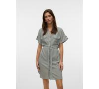 VERO MODA Vestido de manga corta con cuello camisero y cinturón. Color verde/blanco