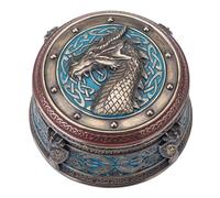 Veronese Design Escultura de caja redonda de resina fundida en frío con diseño de escudo del dragón celta