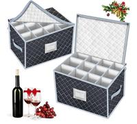 VERONLY Caja de Almacenamiento de Copas de Vino, Conjunto de 2 Piezas Cajas de Almacenamiento de Stemware para 24 Copas, Con Ventana Etiquetada, Ideal Para Cocina, Bodega y Coche (Gris)