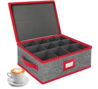 VERONLY Caja de almacenamiento para tazas de Navidad con divisores, caja de almacenamiento de China rígida apilable con tapa y asas para 12 tazas de café y tazas de té (gris y rojo)