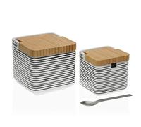 Versa Black Lines Set de Salero y Azucarero de Cerámica y Bambú, con Tapa de Madera y Cuchara de Metal, Medidas (Al x L x An) 11,2 x 11,7 x 11,8 cm, Cerámica y Madera, Color Negro y blanco
