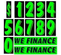 Versa-Tags 2 docenas de pegatinas de coche "WE Finance" 11 docenas de pegatinas de vinilo adhesivo verde fluorescente para precios de parabrisas para automóviles 1 docena de cada número