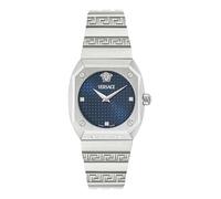 Versace Antares - Reloj para mujer, fabricado en Suiza, con esfera azul mate, caja de acero inoxidable de 37 mm, pulsera plateada, cierre desplegable, 5 ATM