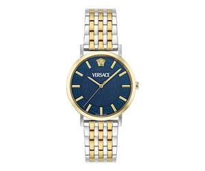 Versace Greca Slim Collection - Reloj de lujo para hombre con pulsera de dos tonos y caja con esfera azul