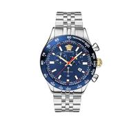 Versace Hellenyium Chrono Collection - Reloj de lujo para hombre con pulsera de plata con caja de acero inoxidable y esfera azul