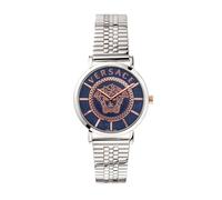 Versace - Reloj de Pulsera para Mujer de Cuarzo a la Moda, Pulsera y Caja de Acero Inoxidable de Color Gris, Esfera analógica Azul - VEK400821