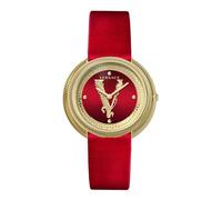 Versace Thea Collection Movimientos de reloj de lujo para mujer con una correa roja y una esfera con caja de oro, rojo, OS, cara| Thea