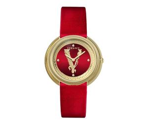 Versace Thea Collection Movimientos de reloj de lujo para mujer con una correa roja y una esfera con caja de oro, rojo, OS, cara| Thea