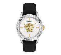 Versace V-Code Collection - Reloj de lujo para hombre con correa negra con caja de acero inoxidable y esfera plateada, plata, OS, V-Code, plata, OS, V-Code, plata, OS, Código V