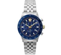 Versace Hellenyium Chrono Collection - Reloj de lujo para hombre con pulsera de plata con caja de acero inoxidable y esfera azul