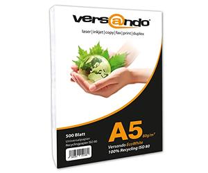 versando 500 hojas de papel reciclado DIN A5 EcoWhite, 80 g, papel para impresora de copia, papel ecológico (148 x 210 mm)