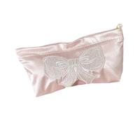 Versátil bolsa de almacenamiento de maquillaje brillante con detalle de lazo, interior espacioso, impermeable, de satén, organizador de cosméticos de gran capacidad, organizador de maquillaje de satén