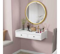 Versátil mesa de maquillaje flotante montada en la pared con 2 cajones deslizantes, escritorio para laptop, estantes de madera para almacenamiento de maquillaje y joyas, solución de oficina en casa