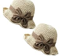 Versatile Retro Woven Handmade Straw Hat with Ruffled Bow, Elegant Crochet Straw, Summer Beach Sun Hat Women, Panama Bucket Hats, Wide Brim Fedora Cap, Foldable Breathable Fashion (Beige*2)