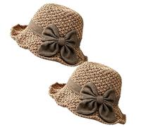 Versatile Retro Woven Handmade Straw Hat with Ruffled Bow, Elegant Crochet Straw, Summer Beach Sun Hat Women, Panama Bucket Hats, Wide Brim Fedora Cap, Foldable Breathable Fashion (Coffee*2)