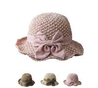 Versatile Retro Woven Handmade Straw Hat with Ruffled Bow Elegant French Sun Hat Foldable, Breathable, Beach Travel Hats (Pink)