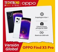 Versión global del smartphone OPPO Find X5 Pro 5G con procesador Snapdragon 8 Gen 1, batería de 5000 mAh, tecnología de carga rápida SUPERVOOC de 80 W, cámara principal de 50 MP y pantalla de 120 Hz.
