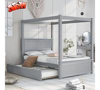 Versión mejorada de cama con dosel más fuerte con cama nido de madera maciza gruesa, marco de cama con cabecera, estribo y listones de soporte, no necesita somier (gris) (gris matrimonial)
