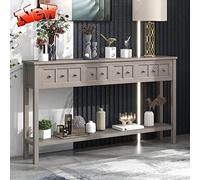 Versión mejorada, estilo granja, mesa consola de 60 pulgadas de largo para entrada con 4 cajones, elegante mesa de sofá de pasillo de madera maciza con almacenamiento y estante inferior para sala de
