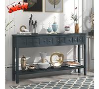 Versión mejorada estilo granja mesa consola de 60 pulgadas de largo para entrada con 4 cajones, elegante mesa de sofá de pasillo de madera maciza con almacenamiento y estante inferior para sala de