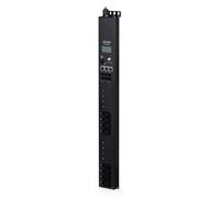 Vertical IP-based 8-port Switched Power Manager with 2 Cascaded Ports (AC 100-240V, 16A max. input, IEC60309 receptacle, 8 IEC C13 outlet 10A max. output, LCD Displays, provides 1 Temp./Humidity Senso