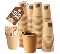 VERUPORE | Vasos desechables para café 210 ml con palitos de madera | Pack de 100 unidades | Vasos de cartón kraft resistentes sin BPA, aptos para bebidas calientes y frías