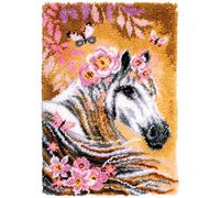 VERVACO Kit Alfombra Gancho De Pestillo Alfombras De Habitacion CABALLO CON FLORES DIY Manualidades Adultos Set Creativo Regalo Bordado Kit Principiantes ca. 55 x 80 cm Latch Hook Embroidery