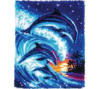 VERVACO Kit Alfombra Gancho De Pestillo Alfombras De Habitacion DELFINES EN DECORACIÓN TROPICAL DIY Manualidades Adultos Set Creativo Regalo Bordado Kit Principiantes ca. 55 x 70 cm Latch Hook